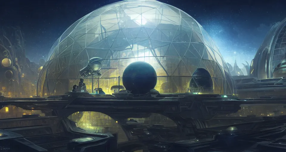 Image similar to cinematic shot, futuristic city on the moon inside a giant geodesic dome, utopian, night, stars, digital painting, artstation, concept art, smooth, sharp focus, illustration, intricate, elegant, highly detailed, in the style of greg rutkowski and alphonse mucha and artemisia, 8 k, highly detailed, jurgens, rutkowski