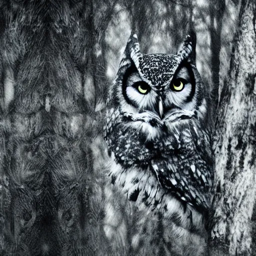 Prompt: mixture between an! owl and wolf, photograph captured in a dark forest