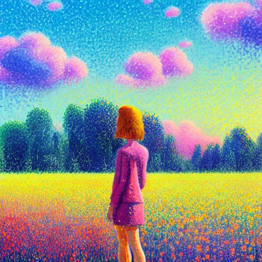 Prompt: girl made of flowers, standing in a flower field, big trees, sunrise dramatic light, impressionist painting, colorful clouds, digital painting, pointillism, artstation, simon stalenhag