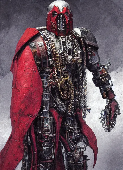 Image similar to portrait of rotten Nicolas Cage as adeptus mechanicus in red hood and robe from Warhammer 40000. Highly detailed, artstation, illustration by and John Blanche and zdislav beksinski and wayne barlowe