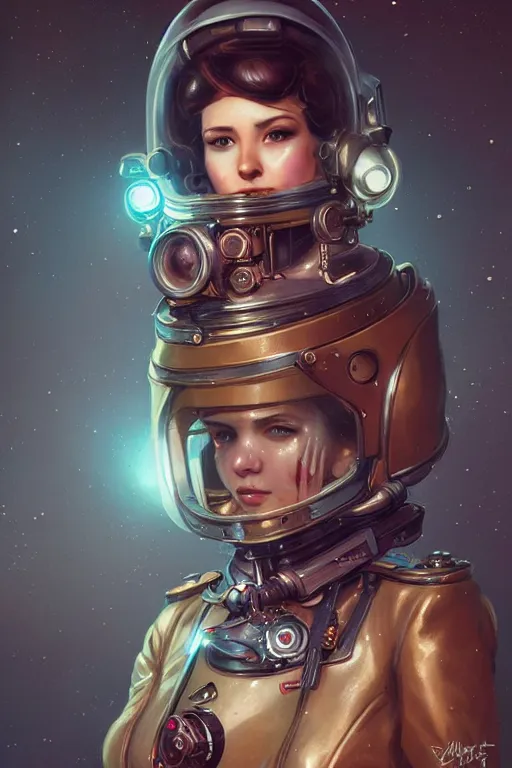 Image similar to portrait of a steampunk cosmonaut girl with mechanical parts by Artgerm and Greg Rutkowski , néon light, digital painting, highly detailed, trending on artstation