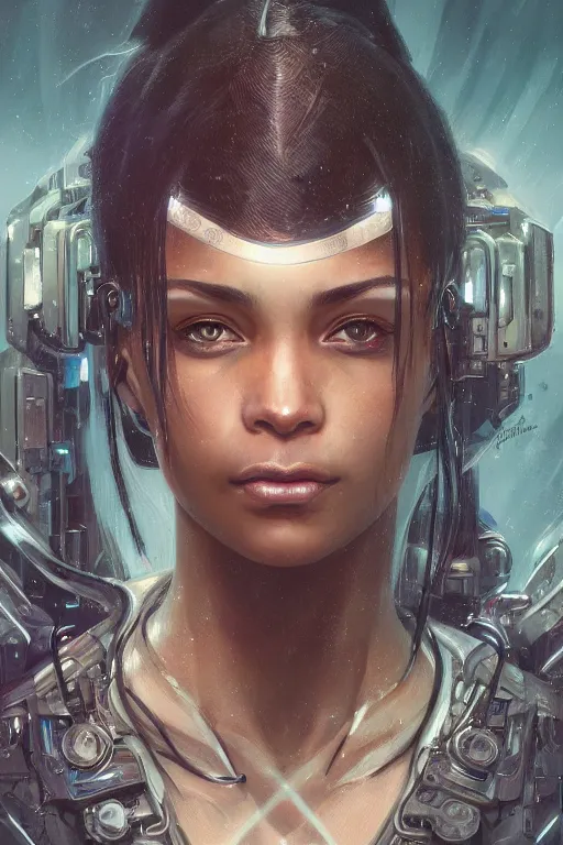 Prompt: ultra realistic illustration, closeup headshot 3 5 mm, black woman, hacknaut cyberpunk, sci - fi, fantasy, intricate, elegant, highly detailed, digital painting, artstation, concept art, smooth, sharp focus, illustration, art by artgerm and greg rutkowski and alphonse mucha