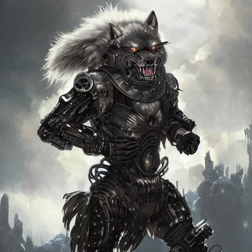 Image similar to portrait painting of a cybernetic werewolf warrior with white fur and silver fangs wearing black power armor, ultra realistic, concept art, intricate details, eerie, highly detailed, photorealistic, octane render, 8 k, unreal engine. art by artgerm and greg rutkowski and alphonse mucha