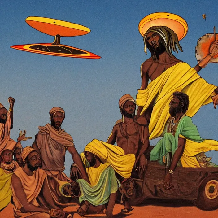 Prompt: UFO hovering over an African Jesus , in the style of Nigerian truck art (Eagle & Snake, Kano),