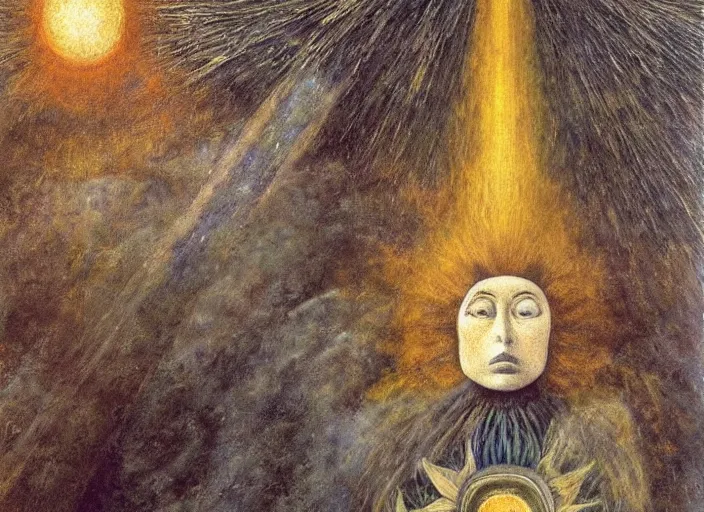 Prompt: a shaman priest holding up the universe, by remedios varo, reflection, symbolist, soft colors, dramatic lighting, smooth, sharp focus, extremely detailed, aesthetically pleasing composition