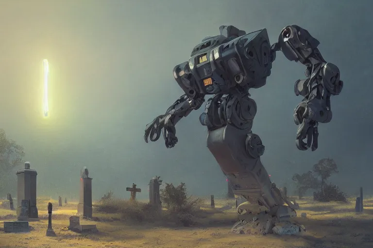 Prompt: painting of a large non - humanoid military weaponized robot in a cemetery on the beach, fantasy environment, digital painting, volumetric lighting by feng zhu, 3 d alejandro alvarez, alena aenami artworks in 4 k beeple, by thomas kinkade