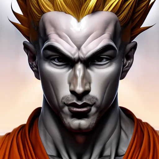 Image similar to symmetry!! intense portrait of sangoku ssj, intricate, elegant, highly detailed, my rendition, digital painting, artstation, concept art, smooth, sharp focus, illustration, art by artgerm and greg rutkowski and alphonse mucha