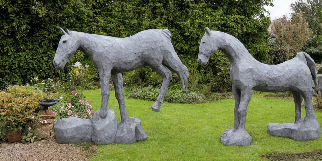 Image similar to art magazine photo, folk art garden sculptures in an english cottage garden, concrete sculpture of a horse, sculpture by wouterina de raad!!!, art by james tellen, highly detailed, realistic anatomical proportions, textured hand built concrete sculpture, amazing concrete sculpture, 4 k