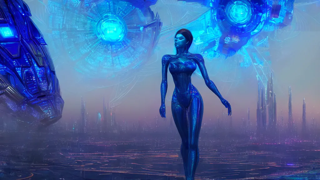 Prompt: giant blue dmt entity goddess, golden hyperspace crystal palace, ultra-futuristic utopian city in background, Wadim Kashin, artgerm, XF IQ4, f/1.4, ISO 200, 1/160s, 8K, RAW, featured in artstation, octane render, cinematic, elegant, intricate, 8k