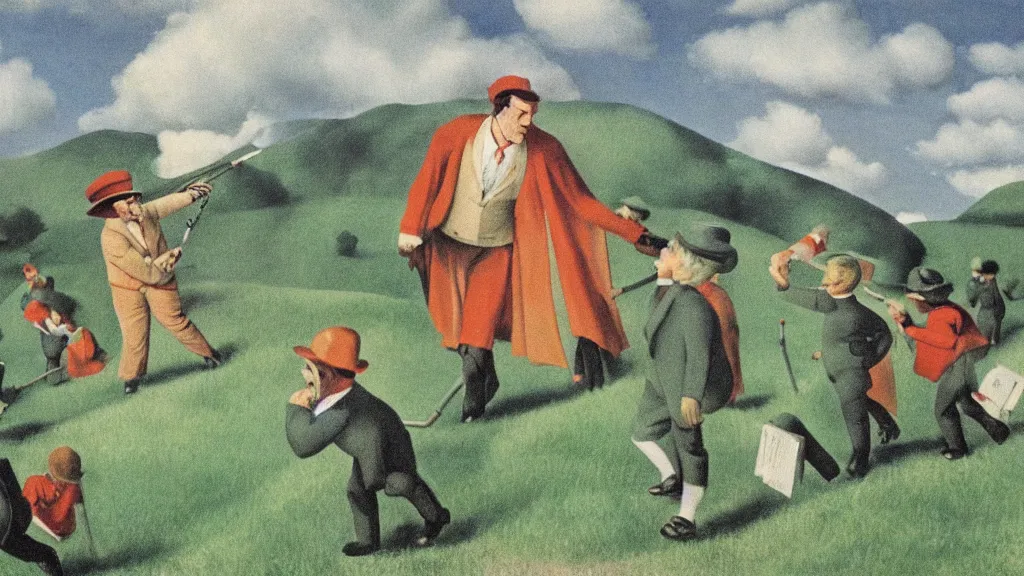 Image similar to A vintage scientific illustration from the 1970s of the Pied Piper luring hundreds of children up a hill while playing his pipe by René Magritte