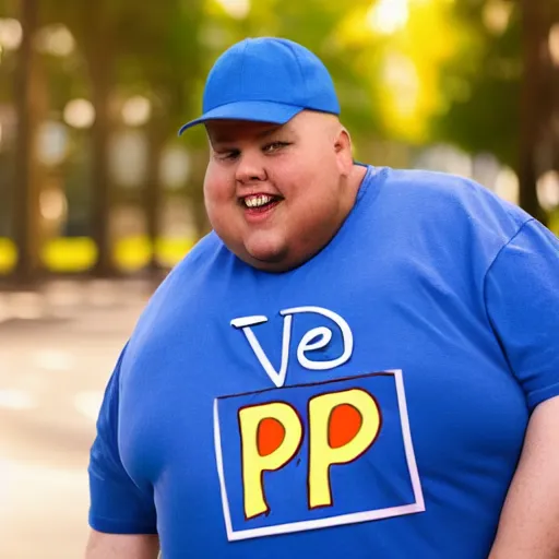 Image similar to very obese man with a t-shirt and blue cap with the letter P, holding a pencil