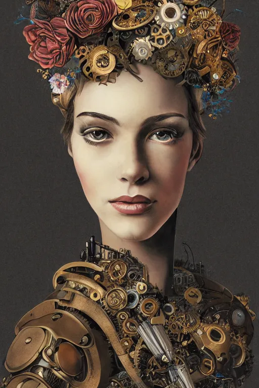 Prompt: close-up portrait of a beautiful young cyborg woman with a big steampunk flower crown, Honoré Beaumier lithography