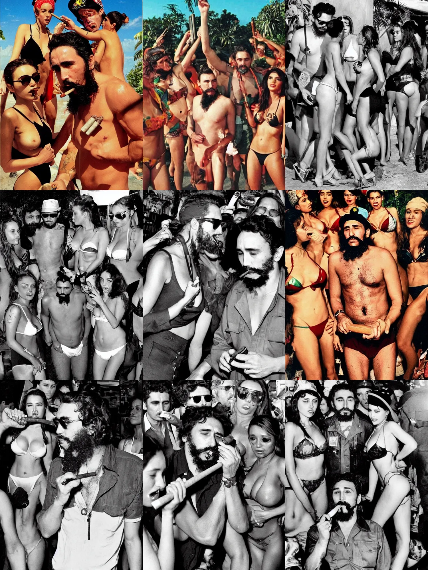 Prompt: a paparazzi photo of james franco as fidel castro smoking a large cigar, surrounded by bikini clad babes. lowbrow aesthetic pop surrealism aesthetic, mad magazine aesthetic