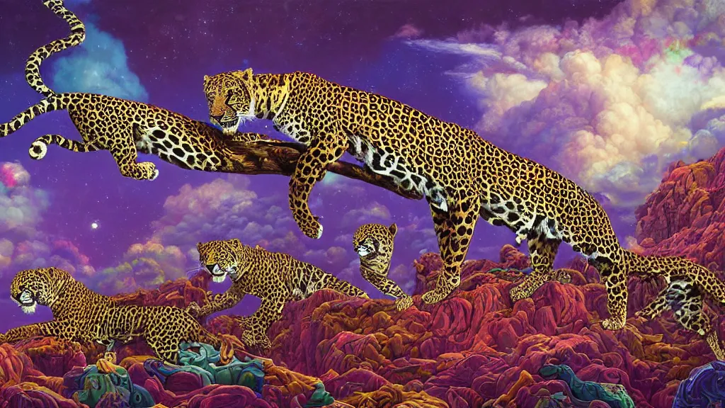 Image similar to highly detailed painting of a dream involving jaguars in colorful clouds in the middle of the night by oliver vernon artist, joseph moncada, damon soule, manabu ikeda, kilian eng, moebius, nico delort, kyle hotz, dan mumford, otomo, 4 k resolution