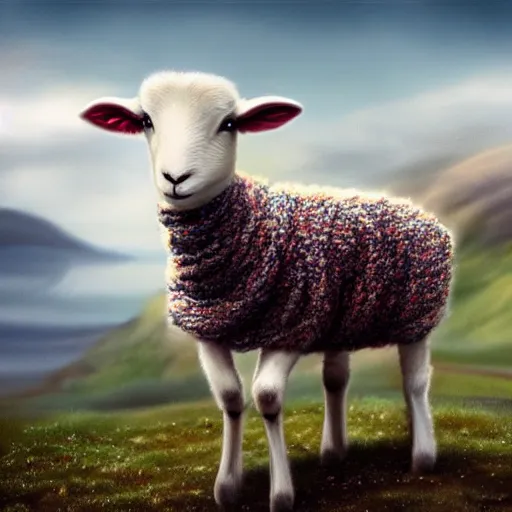 Prompt: lamb wearing a sweater, sweater, canon portrait, full body shot, 4k, hills in the background, symmetry!!, coherent, photorealistic, cold colors, Scotland artstation,