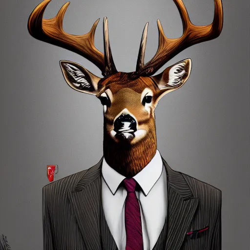 Prompt: a upper body portrait of a deer in a pinstriped suit and pants wearing a fedora with the antlers sticking out of the fedora adjusting his tie by artgerm and wlop, intricate detail, digital art, photorealistic, trending on artstation