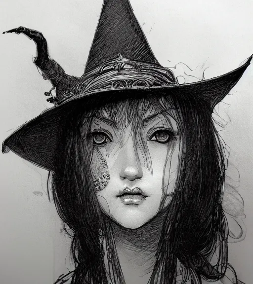 Prompt: portrait of fumo doll wearing witch hat, pen and ink, intricate line drawings, by craig mullins, ruan jia, kentaro miura, greg rutkowski, loundraw