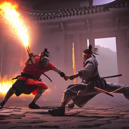 Prompt: photo of an action fight scene between a samurai and a ninja, unreal engine, hyper realistic, high detail, cinematic, magic, japan, temples, beautiful lighting, smoke, fire, lightning,