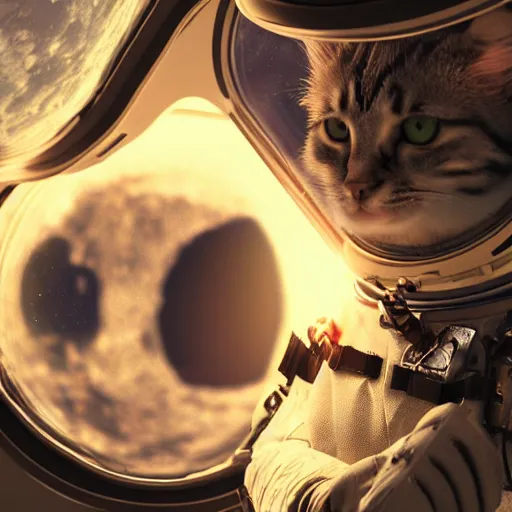 Prompt: professional photo cat in astronaut suit on the moon, closeup shot, hyperrealistic masterpiece, trending on artstation, cgsociety, kodakchrome, golden ratio, cinematic, composition, beautiful lighting, hyper detailed, sharp focus, octane render, 4 k, unreal engine