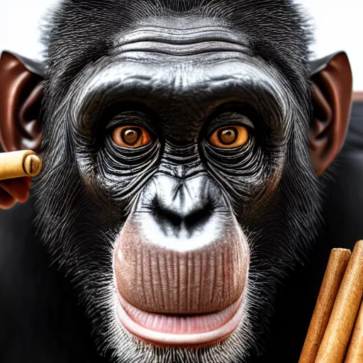 Prompt: a high detail closeup shot of a chimp wearing a suit 👔,and smoking a cigarrette🚬, cgcosiety, artstation, unreal engine, realism