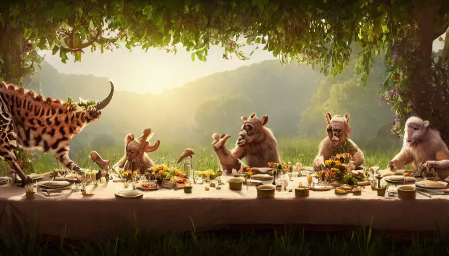 Image similar to a table dinner of exotic animals where animals are dressed like the characters from the midsommar movie wearing flowers, realistic detailed digital art by maxwell boas jessica rossier christian dimitrov anton fadeev trending on artstation cgsociety rendered in unreal engine 4 k hq