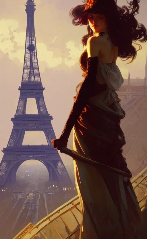 Image similar to a personification of the country france, eiffel tower, highly detailed, digital painting, artstation, concept art, sharp focus, illustration, art by greg rutkowski and alphonse mucha