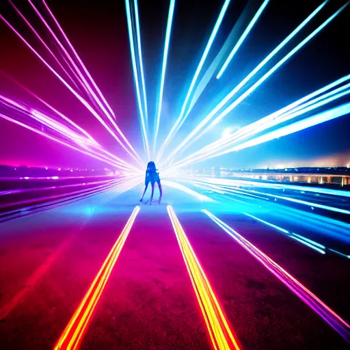 Image similar to break dancer made of neon lights, long exposure shot, tron, fog, water on the ground, cinematic view from lower angle, design, adobe