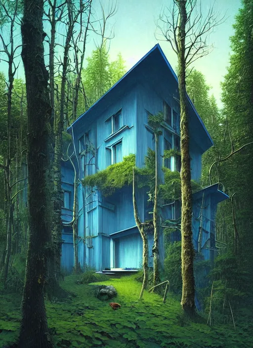 Image similar to hyper realistic witchy modern house with mood lighting and tech in the woods gorgeous lighting, blue sky, highly detailed, lush forest foliage painting by zdzisław beksinski and norman rockwell and greg rutkowski weta studio, and lucasfilm