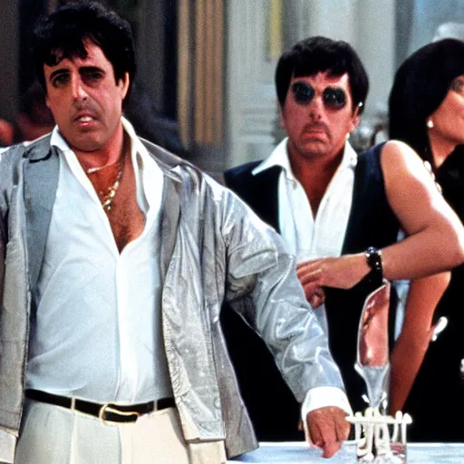 Prompt: jerry seinfeld as tony montana in scarface, movie still