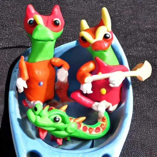 Image similar to polymer clay dragons in a canoe, eating pizza, claymation