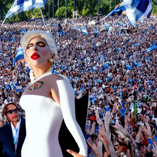 Prompt: Lady Gaga as Evita, Argentina presidential rally, Argentine flags behind, bokeh, epic photo, detailed face, Argentina