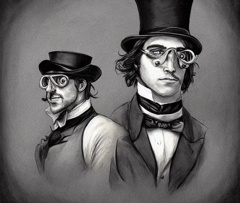 Image similar to The head and upper body of a man with dark medium length longish hair and a middle part, while wearing a top hat and goggles, steampunk, very nostalgic, very melancholic, dramatic angle, rotoscoped, rotoscope, photoshop, photomanipulation, realism, painting, illustration and sketch, weird scribbles, hybrid styles, hybrid art styles, mismatched, trending on artstation, trending on deviantart, weird, quirky, interesting, very detailed, highly detailed, HD Quality, 4k resolution, 8k resolution, in the style of David Firth, in the style of James Lee, in the style of Drue Langlois,