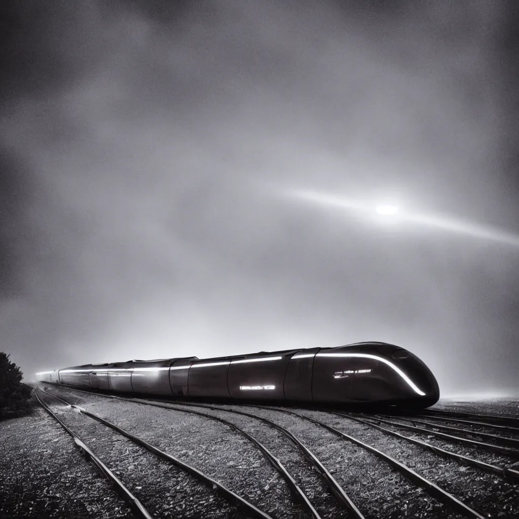 Image similar to closeup wide angle view of powerful futuristic streamline train speeding very fast. romanticism. extreme speed with headlight beam shining brightly into the fog and rain. dramatic lighting. motion streaks.. vanishing point. photorealistic.