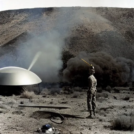 Prompt: army troops surround shiny metallic ufo flying saucer with transparent dome crashed in the desert, smoking and burning in flames by Ray Harryhausen and Glen Orbik, color Ektachrome photo