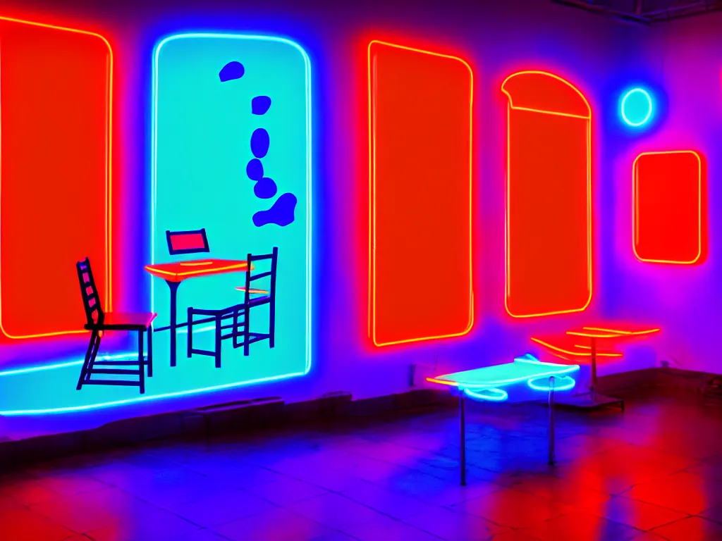 Image similar to room with overlaping curved translucent screens projecting art, large colorful art, pixel perfect image, high contrast, volumetric lighting, tiny neon light, chair, user, pair of keys