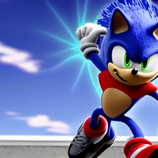 Prompt: sonic the hedgehog pilots a spider mecha, extremely detailed, climbing up a concrete wall, photorealistic,