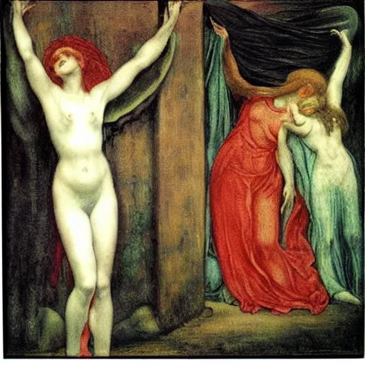 Prompt: the blood-dimmed tide is loosed and everywhere the ceremony of innocence is drowned, painted by Dante Gabriel Rossetti