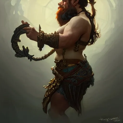 Image similar to dwarf, muscular upper body, D&D, fantasy, intricate, elegant, highly detailed, digital painting, artstation, concept art, smooth, sharp focus, illustration, art by artgerm and greg rutkowski and alphonse mucha