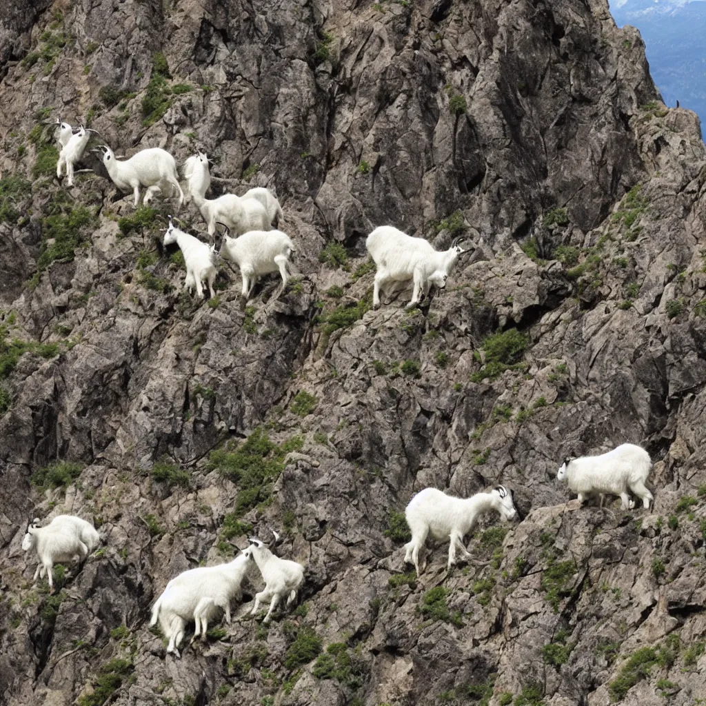 Prompt: mountain goats on a sheer cliffside, dr. suess