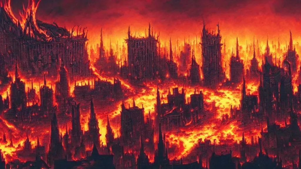 Prompt: demons destroying a city, burning