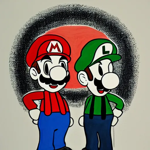 Prompt: a painting of mario and luigi in the style of stanley donwood