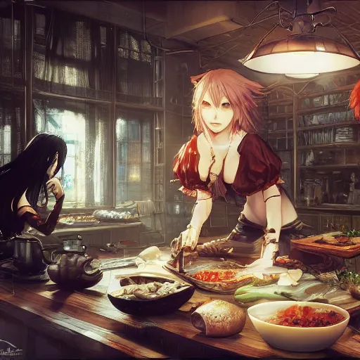 Image similar to goth woman making dinner, color page, tankoban, 4 k, tone mapping, akihiko yoshida, james jean andrei riabovitchev marc simonetti, yoshitaka amano, long hair, curly, h. hydrochaeri