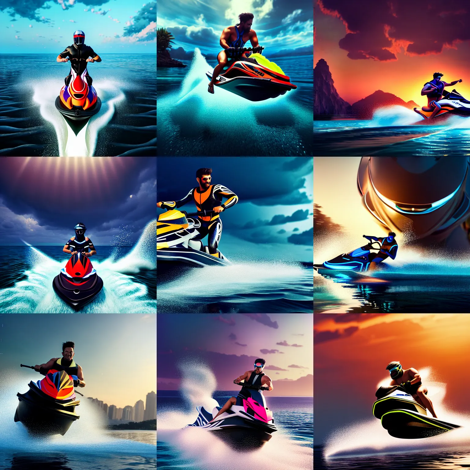 Prompt: a full body painting of a [ man riding jetski ], intricate, epic lighting, cinematic composition, hyper realistic, 8 k resolution, unreal engine 5, by artgerm, tooth wu, dan mumford, beeple, wlop, rossdraws, james jean, andrei riabovitchev, artstation