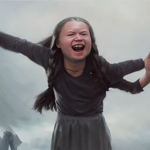 Image similar to abstract painting of giant Greta Thunberg smiling evil emperor of the world emerging in dark clouds, noxious, cosmic horror, evil, dangerous, trending on ArtStation, masterpiece, by Greg Rutkowski, by Ross Tran, by Fenghua Zhong, octane, lightbeam eyes, soft render, clear facial features, oil on canvas, moody lighting, cinematic, professional environment concept art