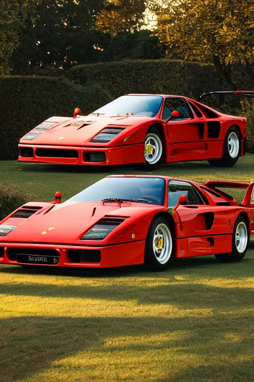 Image similar to ferrari f 4 0, golden hour, in a garden, artstation, by j. c. leyendecker and peter paul rubens,