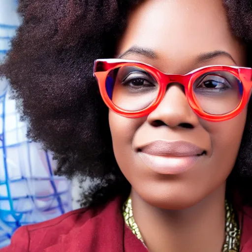 Prompt: closeup at a scientist African woman, with red hair and big round glasses, award winning photo, 4K