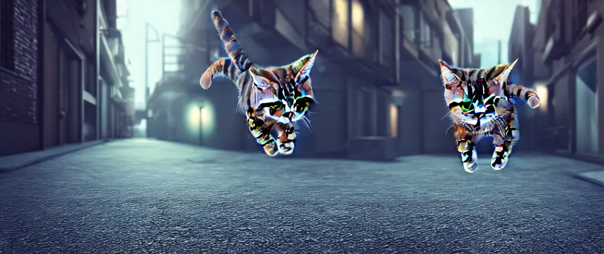 Image similar to hyperrealistic detailed 3d render of a cute tabby catman jumping on a dark city alley sharp cinematic lighting vray 8k low angle shallow depth of field