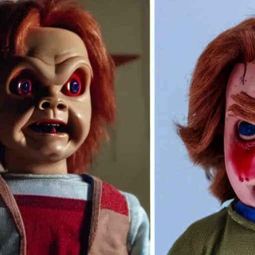 Image similar to Stranger Things episode featuring Chucky the killer doll from the movie Child's Play