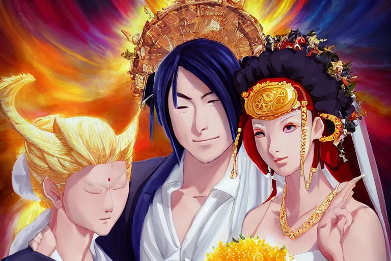 Image similar to a cinematic portrait of wedding photograph jpeg close up moment of a divine a japan sun god and moon goddess lovers magician at a wedding banquet. portraiture. digital painting. artstation. concept art. wedding photo. digital painting. naruto the movie art masterpiece by art by krenz cushart