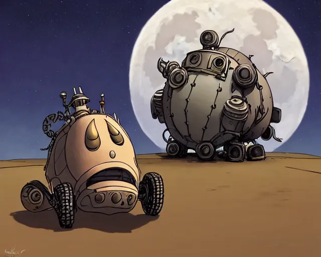 Image similar to a cell shaded cartoon grey lovecraftian mechanized fat spider from howl's moving castle ( 2 0 0 4 ), with a big head, on a desert road, wide shot, in front of a big moon, muted colors, post grunge, josan gonzales, wlop, by james jean, victor ngai, hq, deviantart, art by artgem